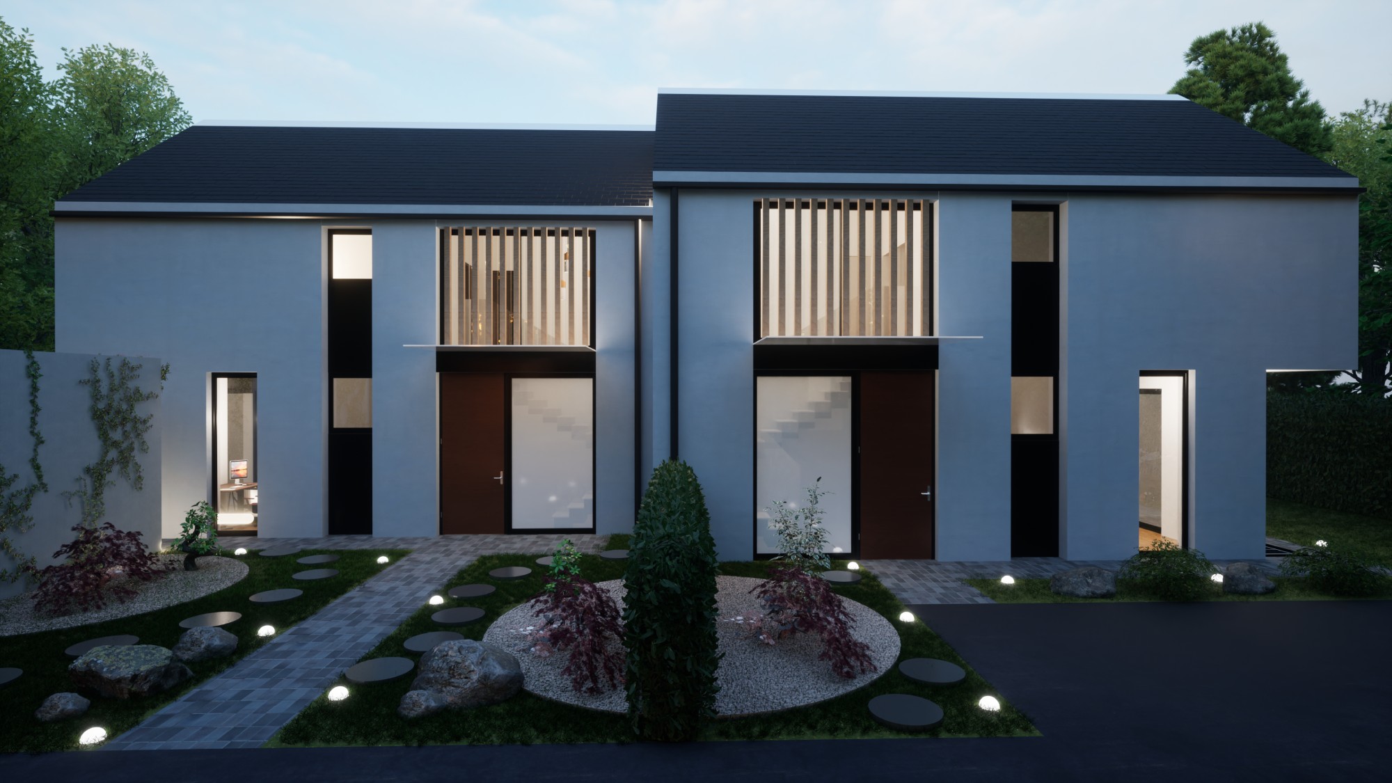 façade principale
Vue d’ensemble du projet Minergie-P à Crans-près-Céligny, deux villas mitoyennes contemporaines réalisées avec des finitions de qualité.