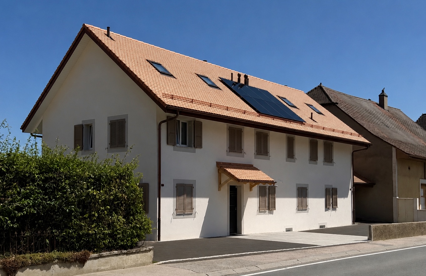 Façade principale d’une maison nouvelle constructions à Vuiteboeuf - PENEY avec toiture en tuiles et panneaux solaires