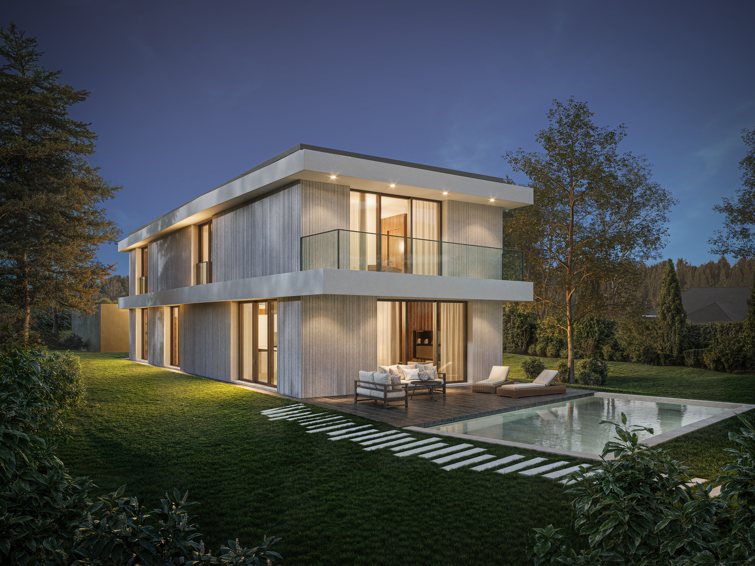 Vue alternative de la façade d’une villa contemporaine réalisée à Tannay Genève