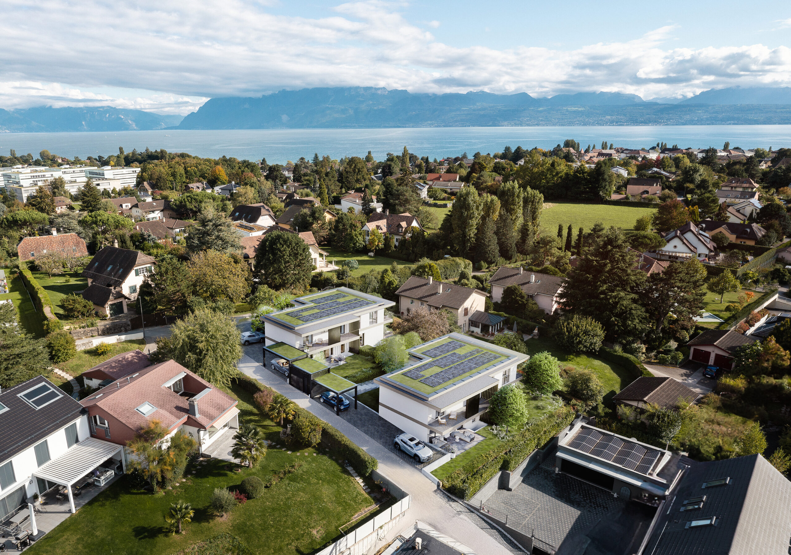 Vue drone du projet de 4 villas neuves à Écublens réalisé par LEGATO EG